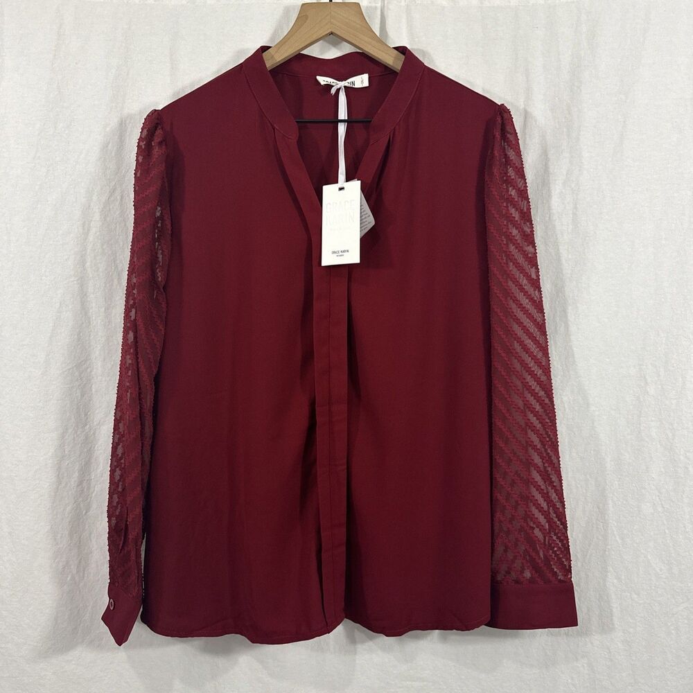 Grace Karin Red Sheer Puff Sleeve Popover Top Womens Sz 2XL Festive Career